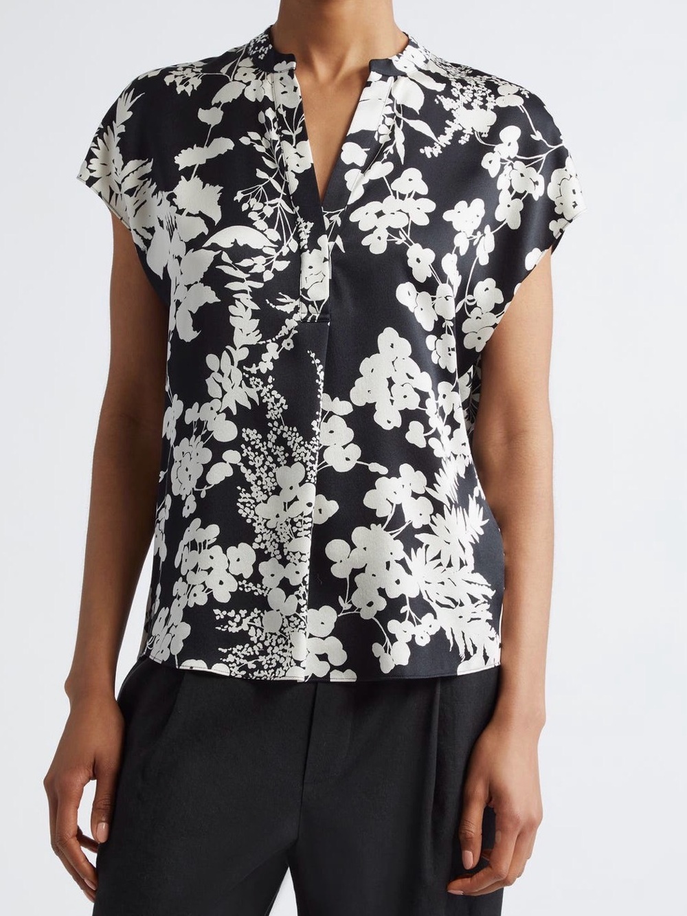 Vince Black Arboretum Floral Split-Neck Cap Sleeve Silk Blouse